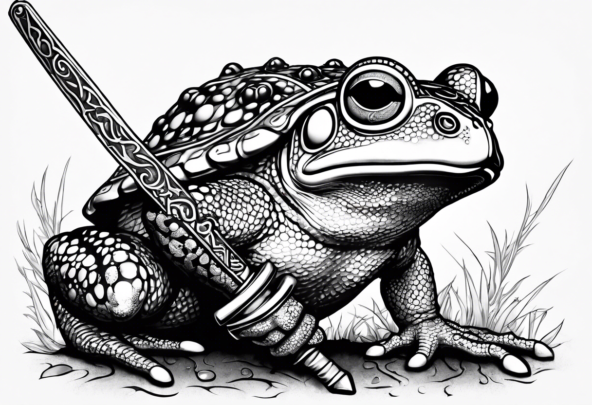 toad with sword; samurai sword Is pointing down(sword stuck in the ground) as if the toad was standing; no clothes tattoo idea