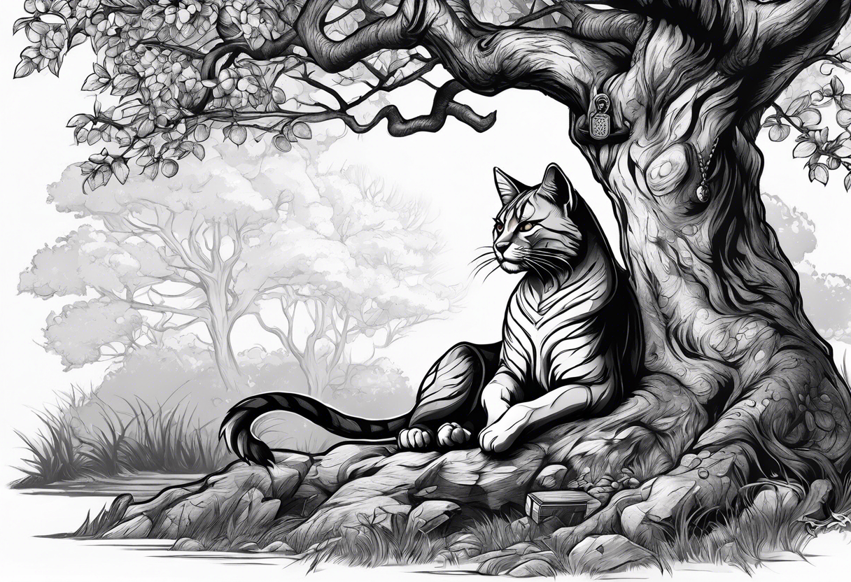 Khajiit sitting under an oak tree with a dagger and coin purse tattoo idea