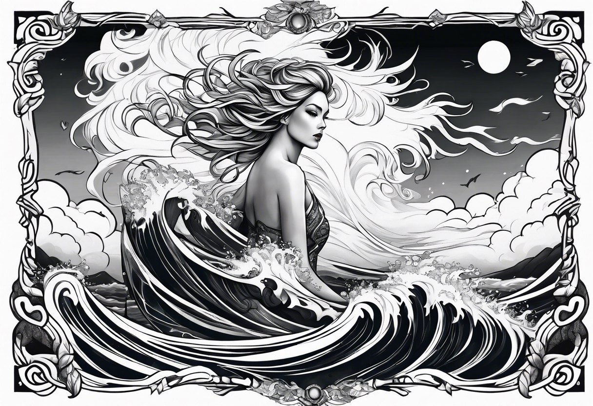 goddess, stormy sea, full length tattoo idea