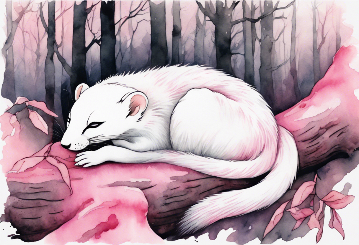 watercolor of an ermine covered in pink fur sleeping in a forest tattoo idea