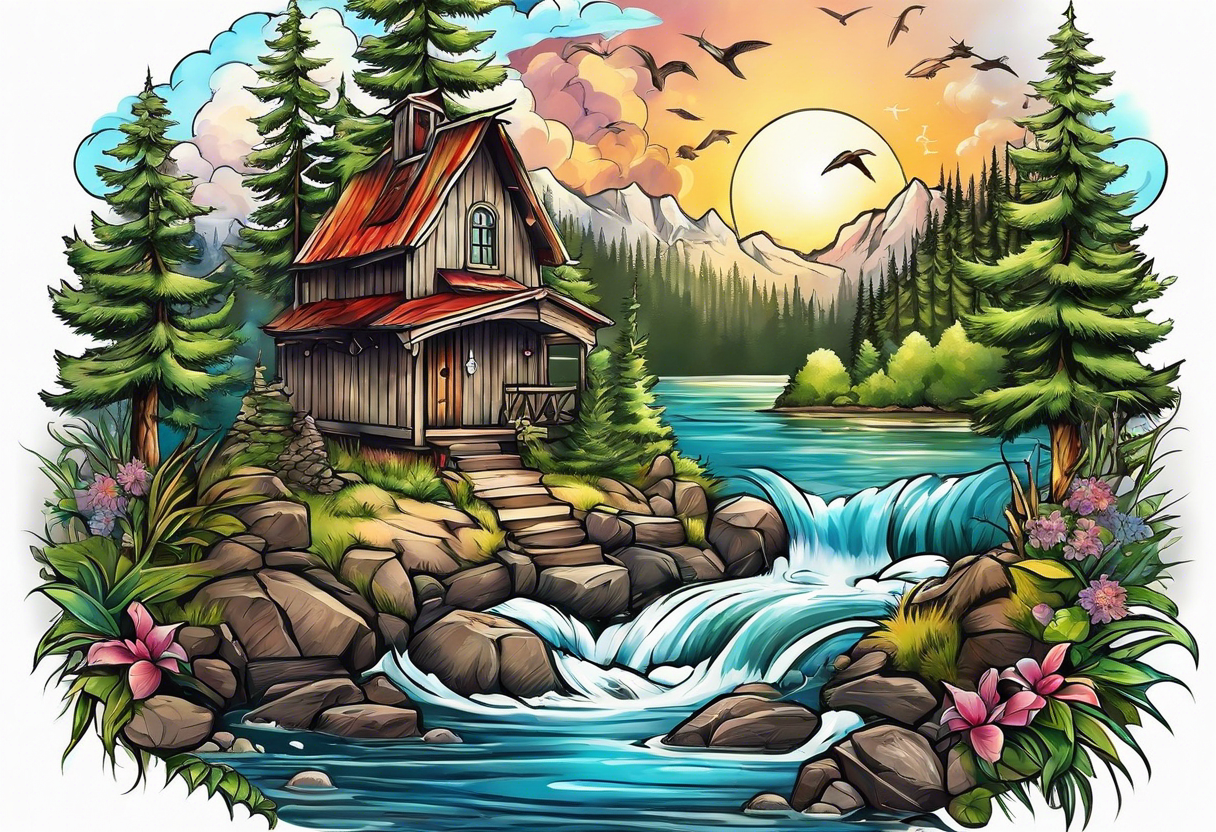 Backpacking fishing Wildlife theme and background with a Christian cross tattoo idea