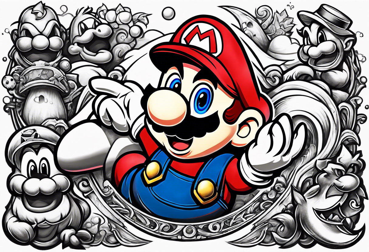 Mario brothers with ghosts and goombas with canons tattoo idea