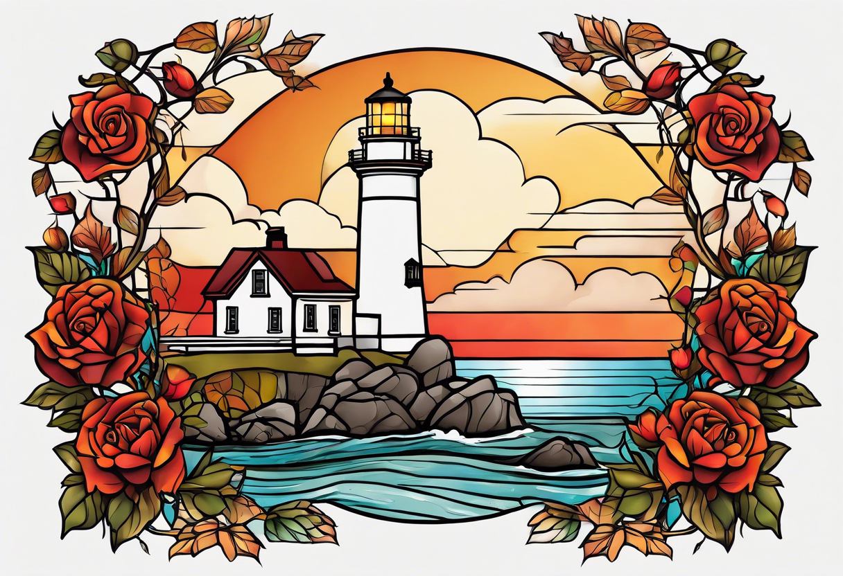 thigh placement in fall colors, showing, light house, water, rocks, sky, clouds, leaves, roses tattoo idea