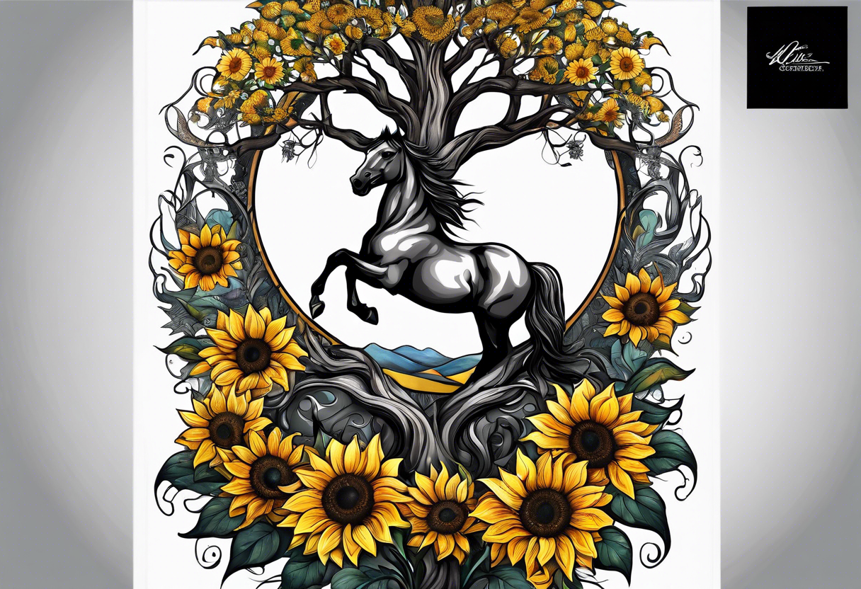 Yggdrasil tree, horse in front of it, and sunflowers tattoo idea