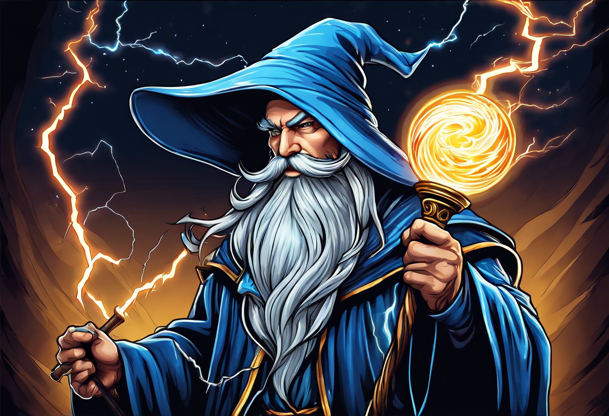 Wizard controlling lightning with a staff with blue arc ball tattoo idea