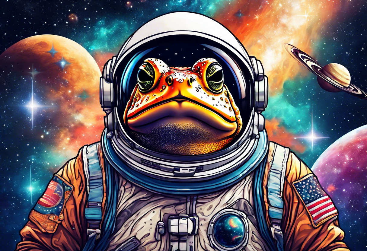 Toad with astronaut helmet looking at galaxy tattoo idea