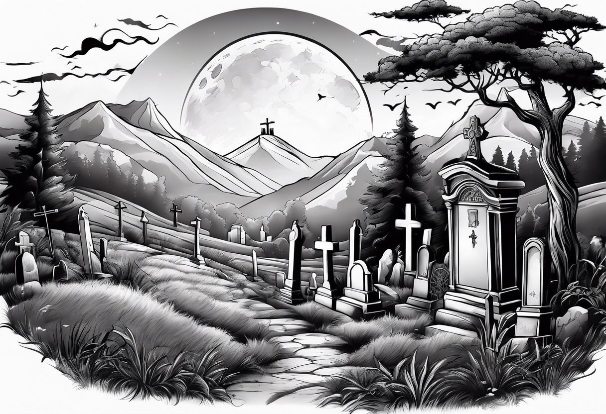 Cemetery on hills with smoke and moon tattoo idea