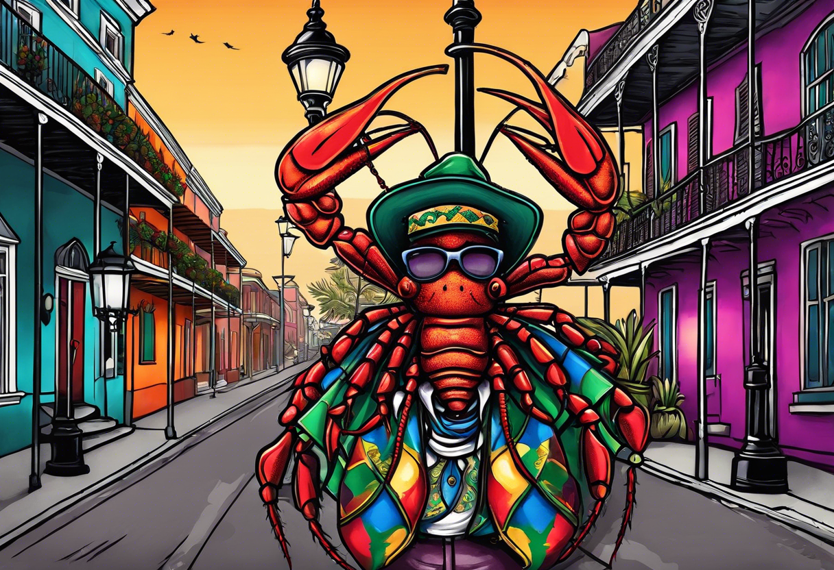 In the style of anthropomorphism, a crawfish standing by a lamp post in the French Quarter playing a saxophone while wearing a Fedora and Mardi Gras beads around his  neck tattoo idea