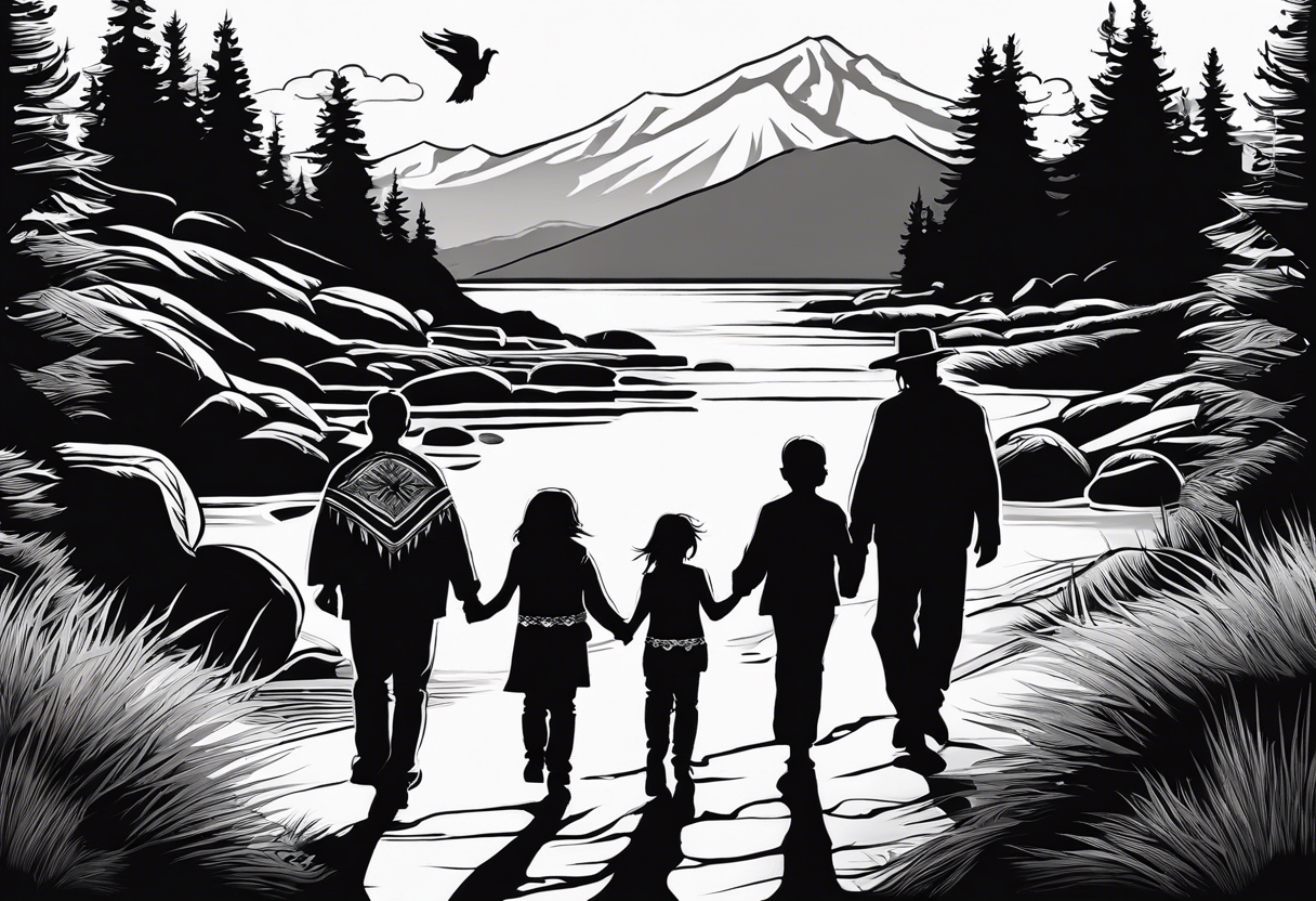 A shadow of a family of four walking through the Pacific northwest. Faith centered and add Mexican tribal  border with importance of faith.
Add crosses tattoo idea