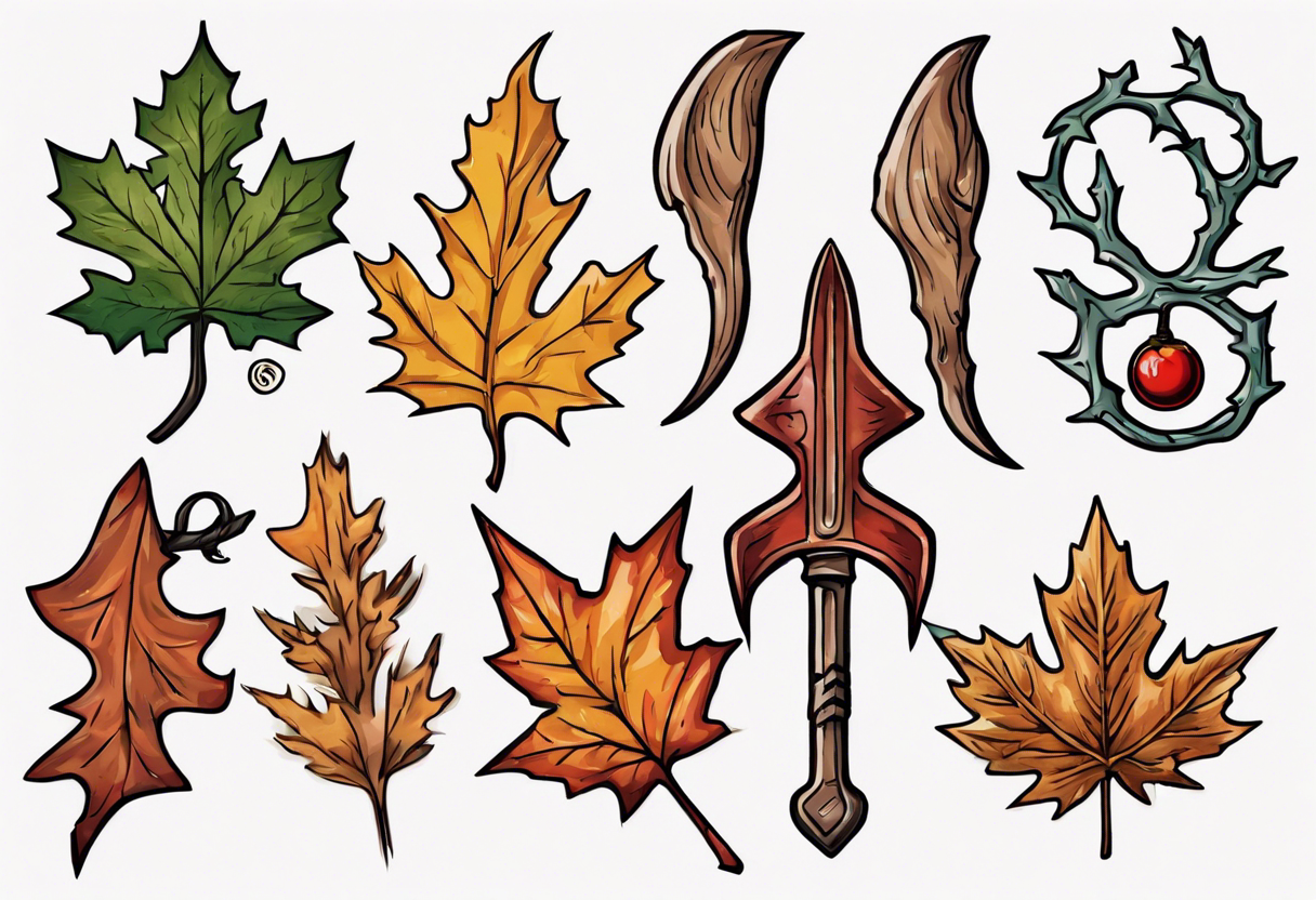 A druid sickle with a oak leaf in the spring, a birch leaf in the summer, a maple leaf with fall colors, and a pine leaf in the winter tattoo idea