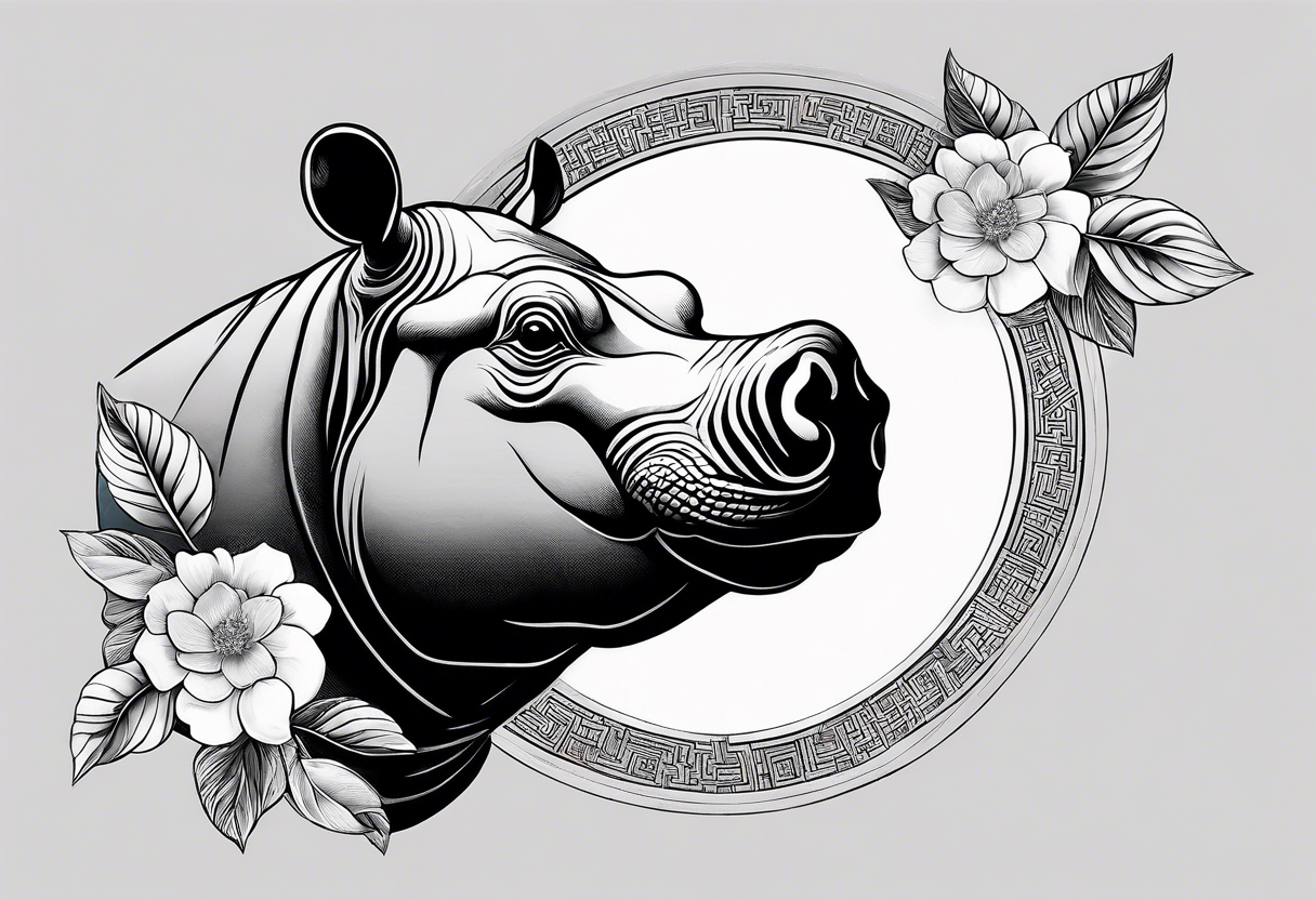 Very asymmetrical, +geometric pattern, with realistic full moon, with seeious looking hippo, +zen feel, + Buddhism touch,
with wintersweet flower bud, +portrait orientation, +inkart touch, tattoo idea