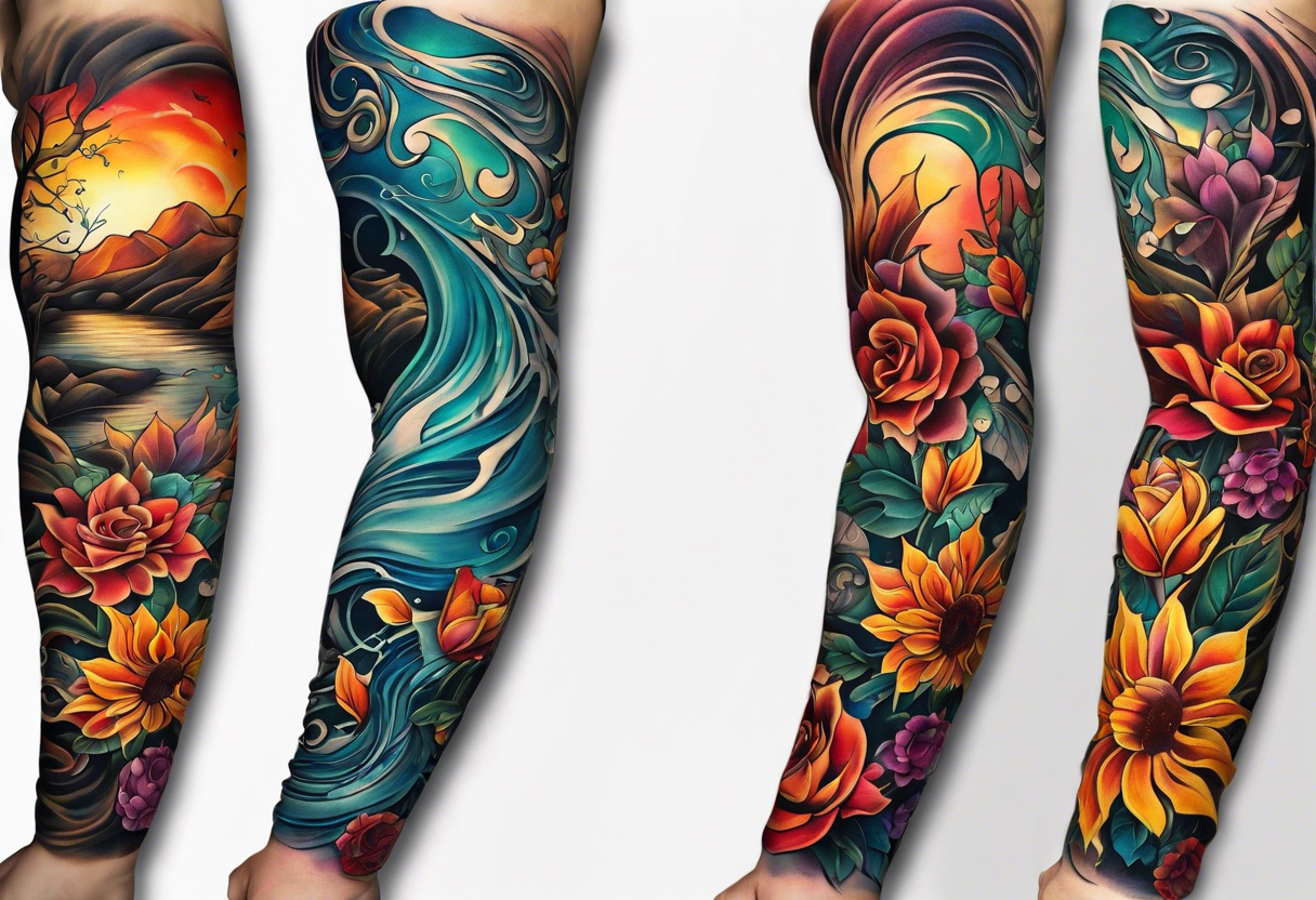 arm sleeve with fall colors, flowers, water flow shapes, leaves and various natural shapes, music notes, skulls tattoo idea