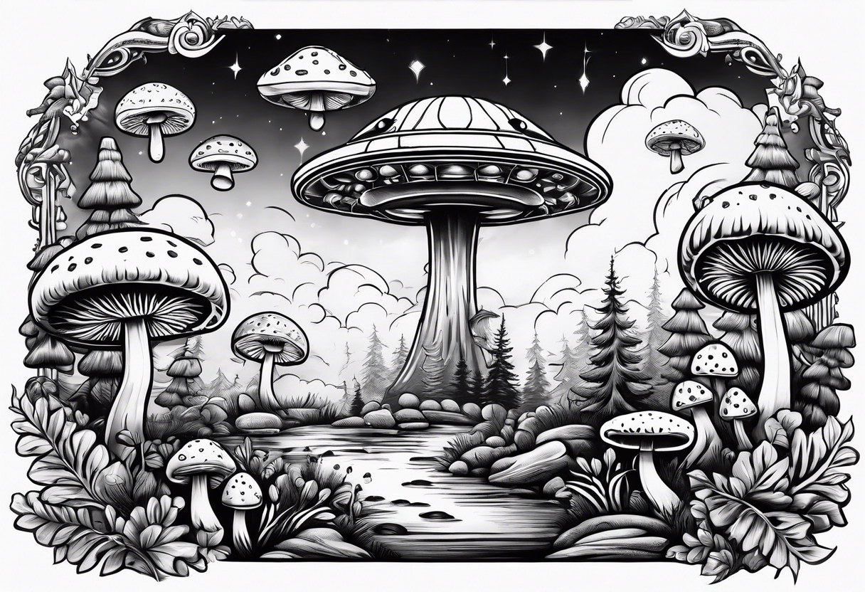 small ufo in sky above mushrooms and trees tattoo idea