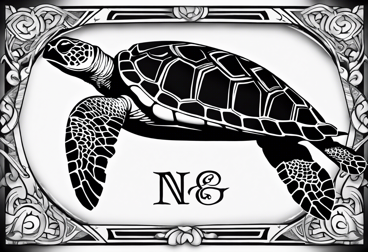 Polynesian Sea Turtle with the initials N, J, S, G incorporated. tattoo idea