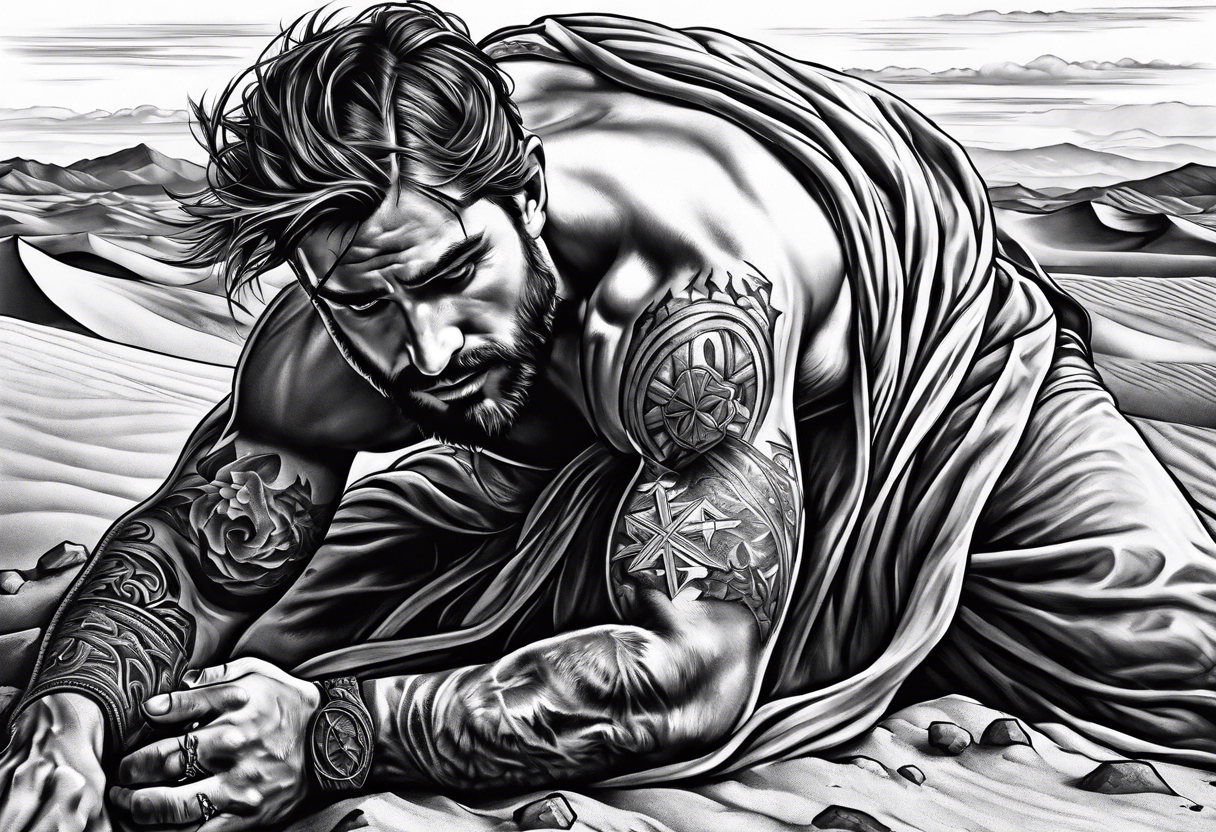 man crawling in a desert reaching to the cross of Christ tattoo idea