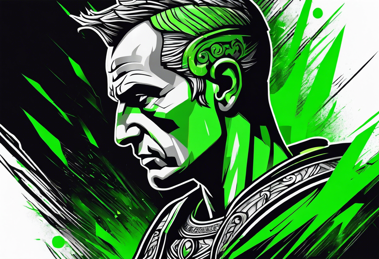 Julius Caesar tattoo with streaks of neon green lightning in the background tattoo idea