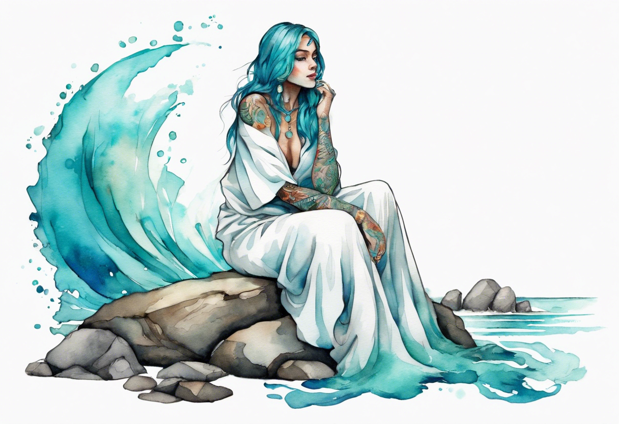 An undine with turquois scales wearing a white robe, sitting on rocks by the ocean tattoo idea