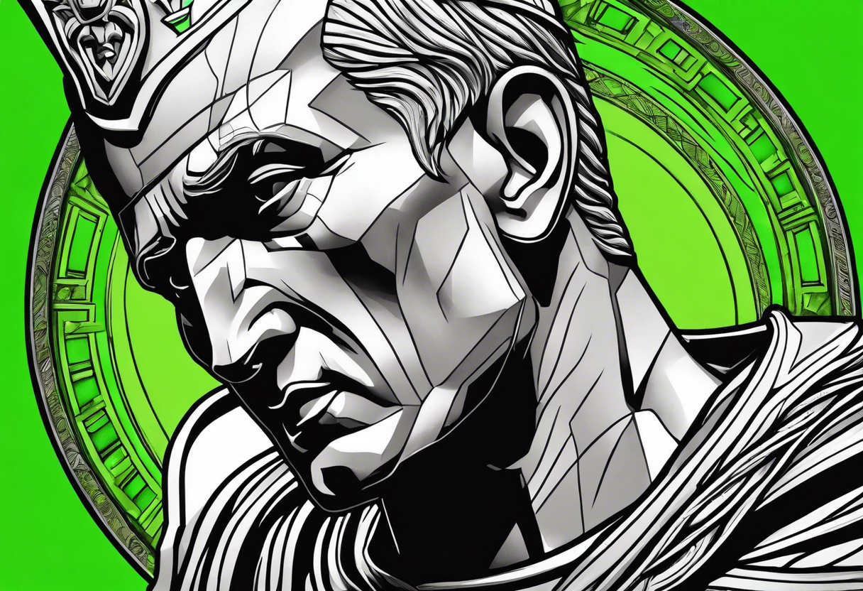 Julius Caesar tattoo with streaks of neon green lightning in the background tattoo idea