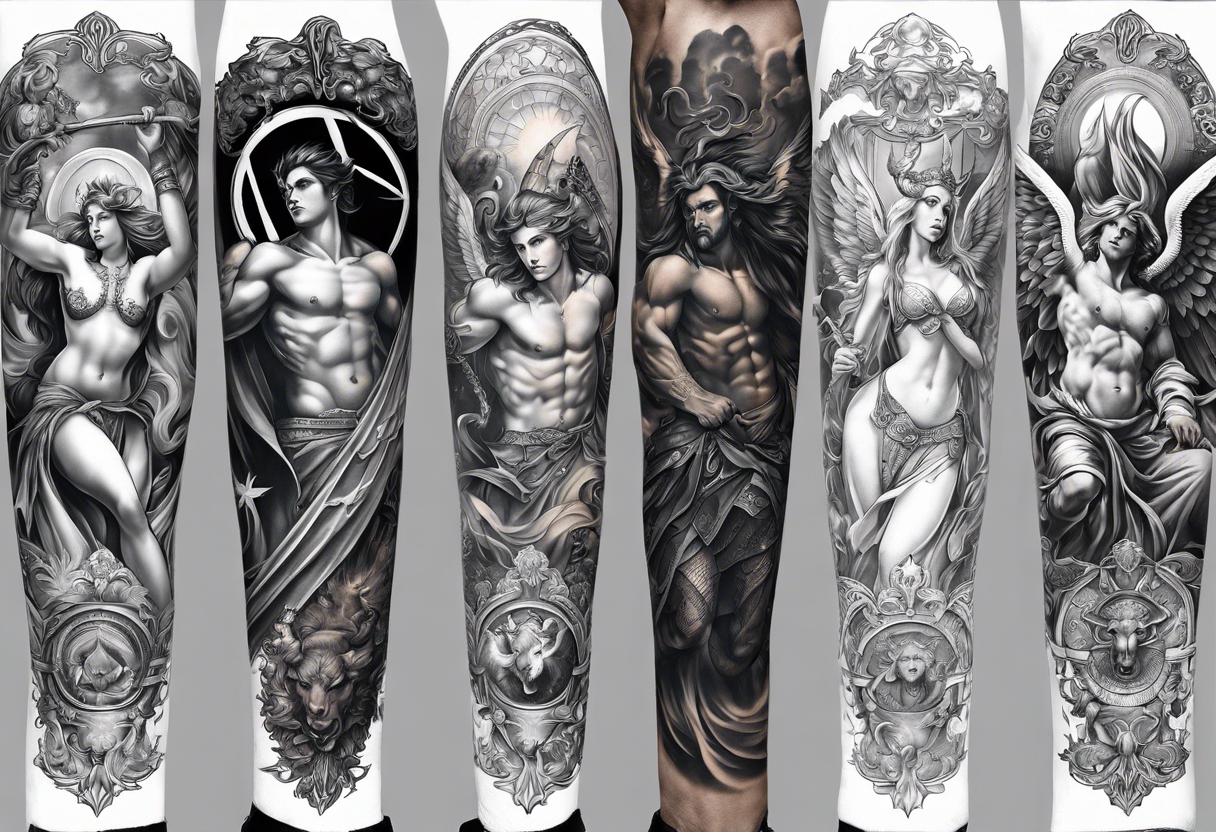 Craft a leg sleeve showcasing a pantheon of angels and demons from various mythologies, each with unique characteristics and symbolism, representing the duality of celestial beings. tattoo idea