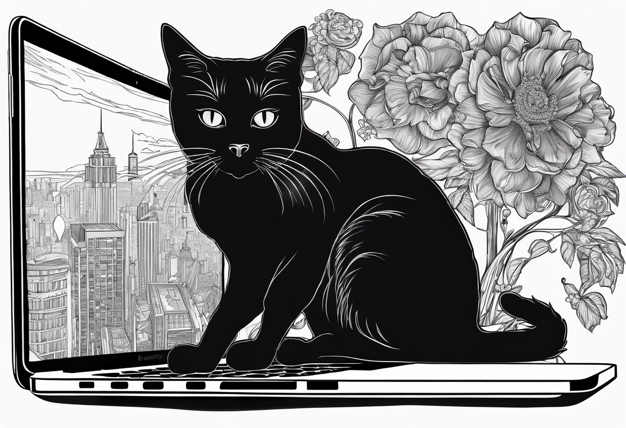 A black cat sitting in Front of a MacBook and Programming. tattoo idea