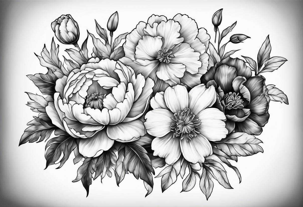 marigold, peony, and narcissus laying side by side tattoo idea