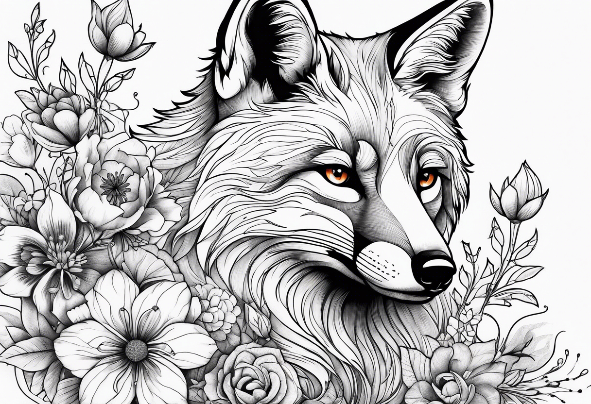 flowers with fox full body thin line tattoo idea