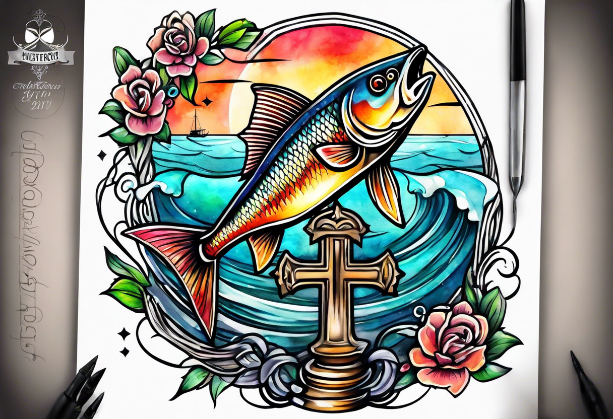 Fishing hook cross with watercolor background tattoo idea