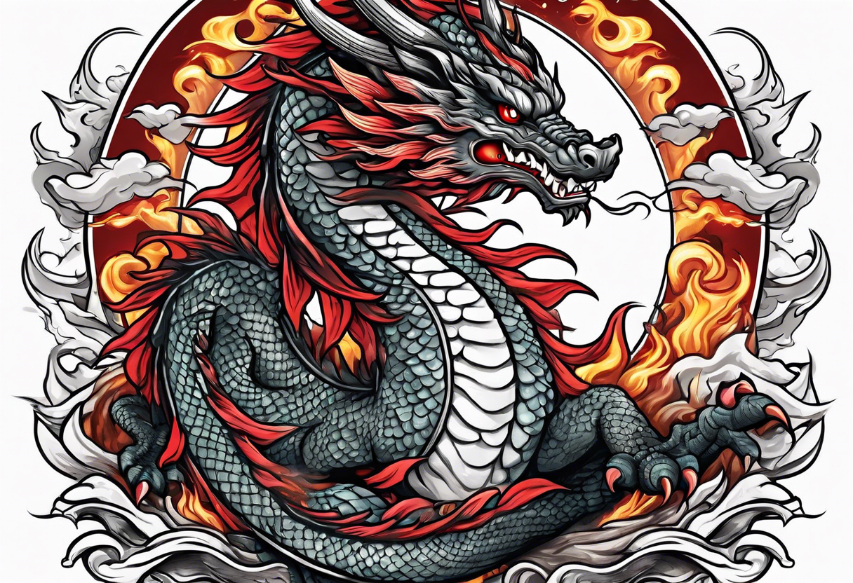 japanese dragon with flames and red highlights on a meat jerky label tattoo idea