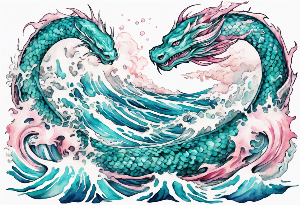 a beautiful turquoise and white and pink Jörmungandr rising from the blue waves of the ocean tattoo idea