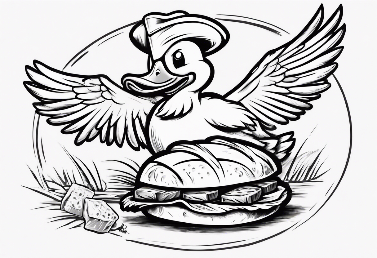 canard avec un béret et une baguette de pain sous l’aile tattoo idea