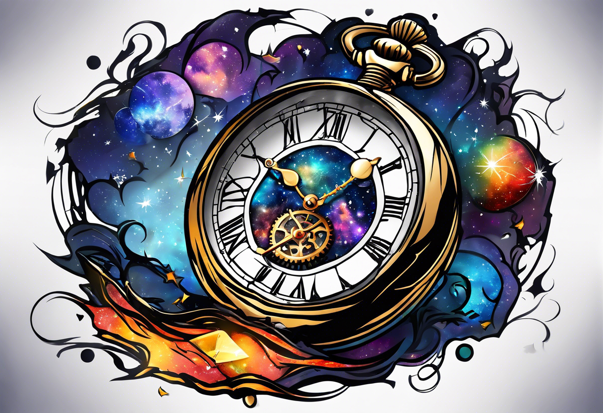 broken pocket watch galaxy shattered 12:00 6/12/2020 "Zee" tattoo idea