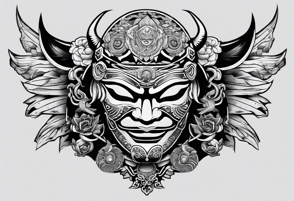 hanya mask on the shoulder, mask from ghost of Tsushima, hanya mask with three eyes tattoo idea