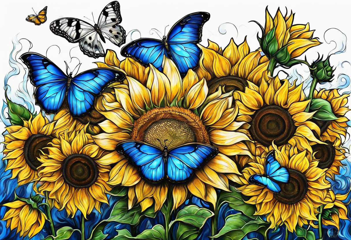 Full moon, blue morpho butterflies and sunflowers. tattoo idea