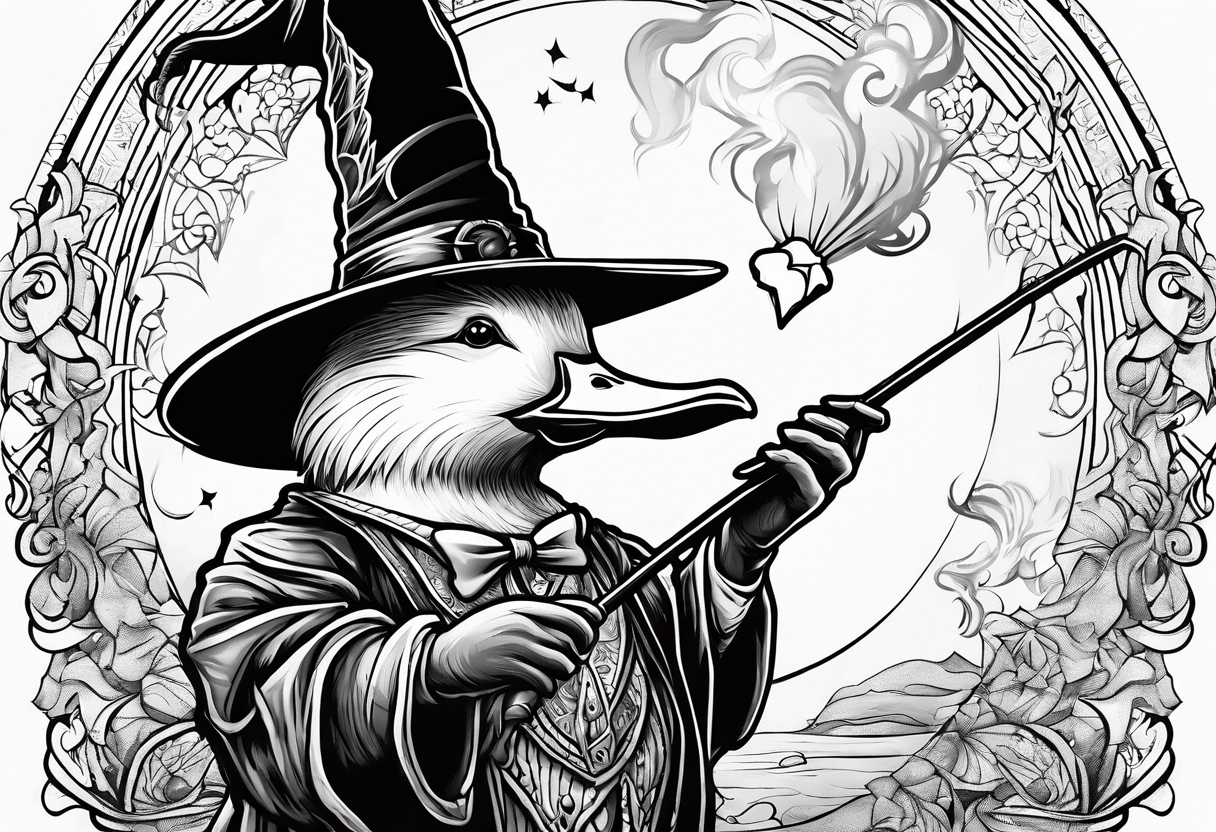 Dabbling Duck dressed like a wizard casting a spell with his wand tattoo idea