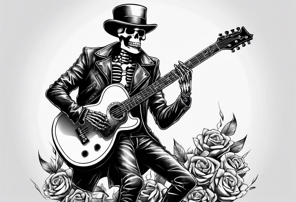 skeleton holding a guitar rock and roll punk rock singer tattoo idea