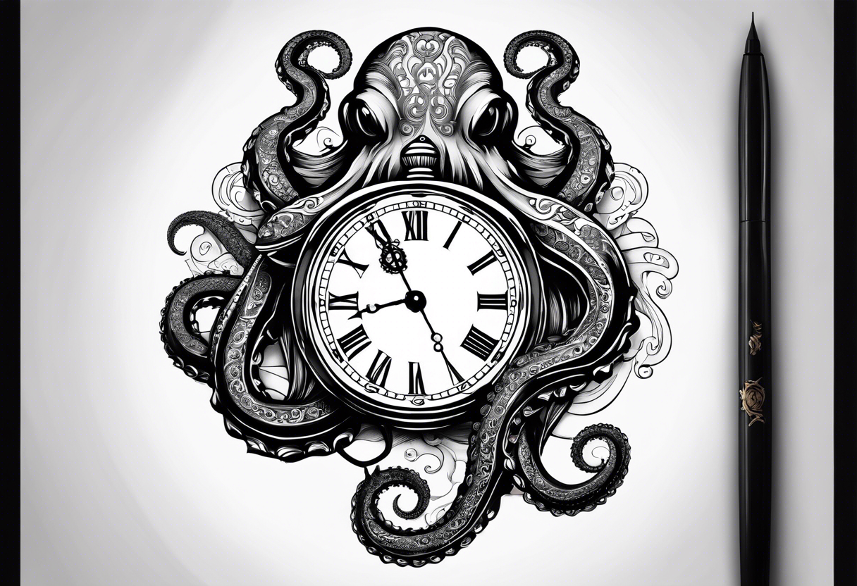 pocket watch being wrapped by an octopus tattoo idea