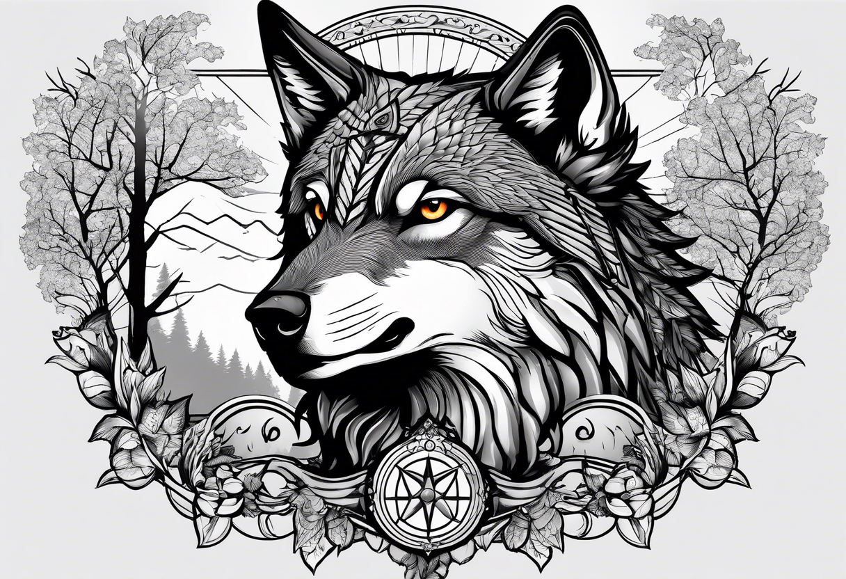 Hawk and a Wolf, Nature Scenery, and names Grayson, Bennett, Layden, Xavian, Amelia, Braxton tattoo idea