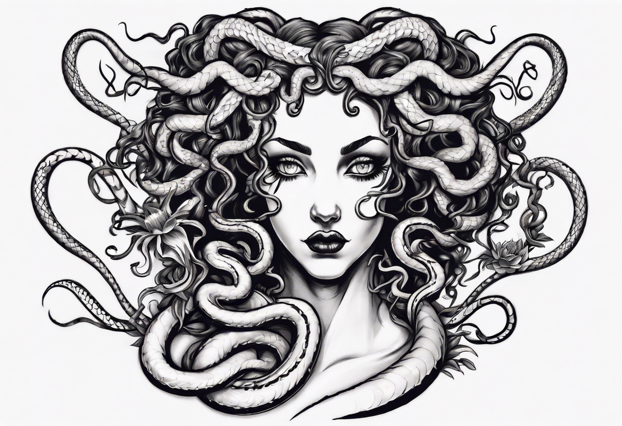 Dark/goth Medusa with white pupils and curly snake hair. Lilies tattoo idea