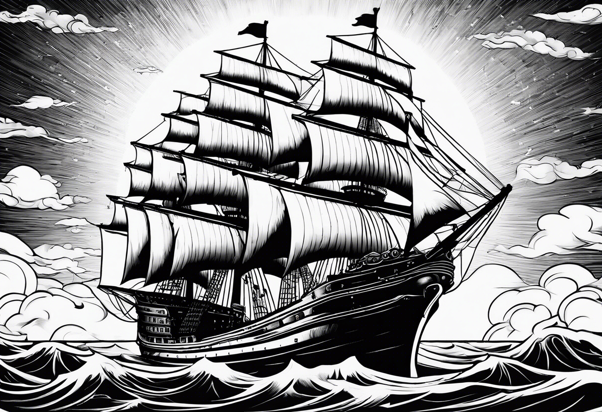 huge ship hitting in the sea with sun on the sky tattoo idea