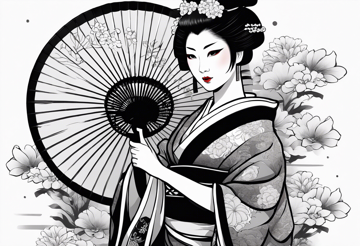 Geisha with a dress and a fan, traditional japanese style, white background tattoo idea