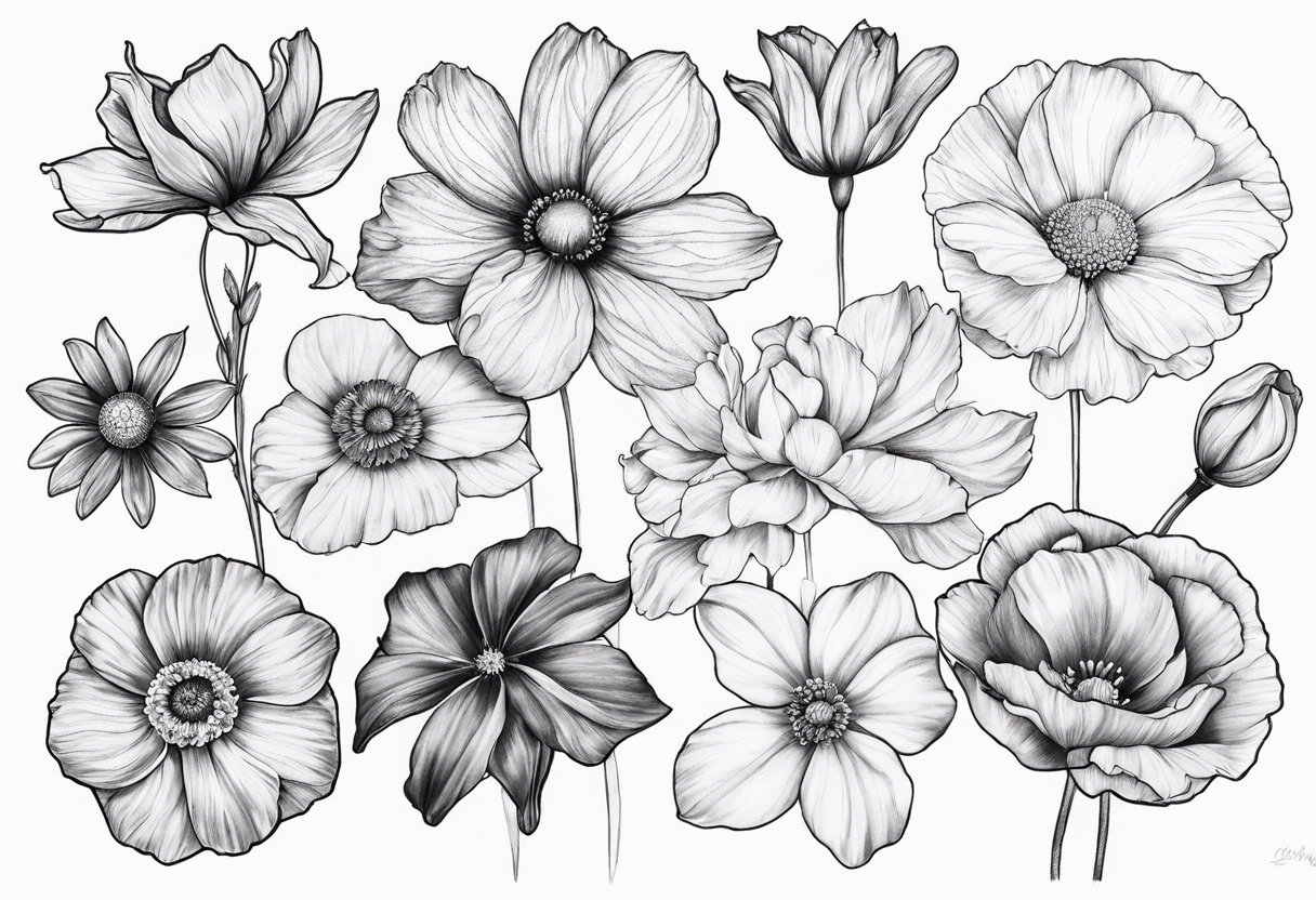 1 cosmos flower, 1 iris, 1 larkspur, 1 daisy, 1 poppy tattoo idea