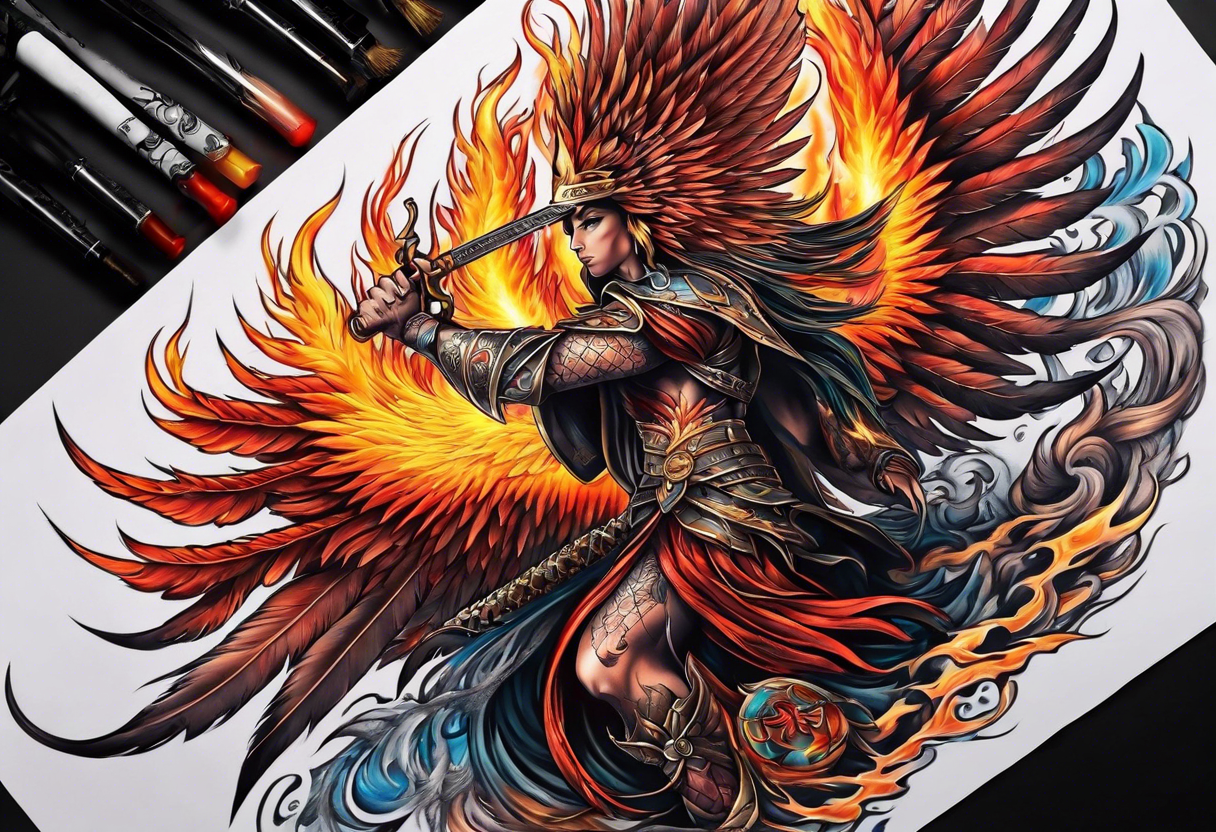 phoenix scarred warrior with weapons burning tattoo idea