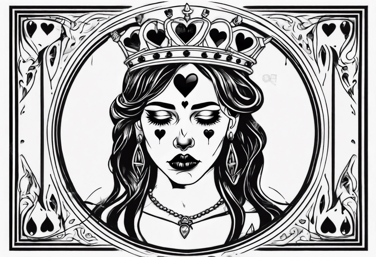 simple queen of hearts crying black tears, with blank eyes tattoo idea