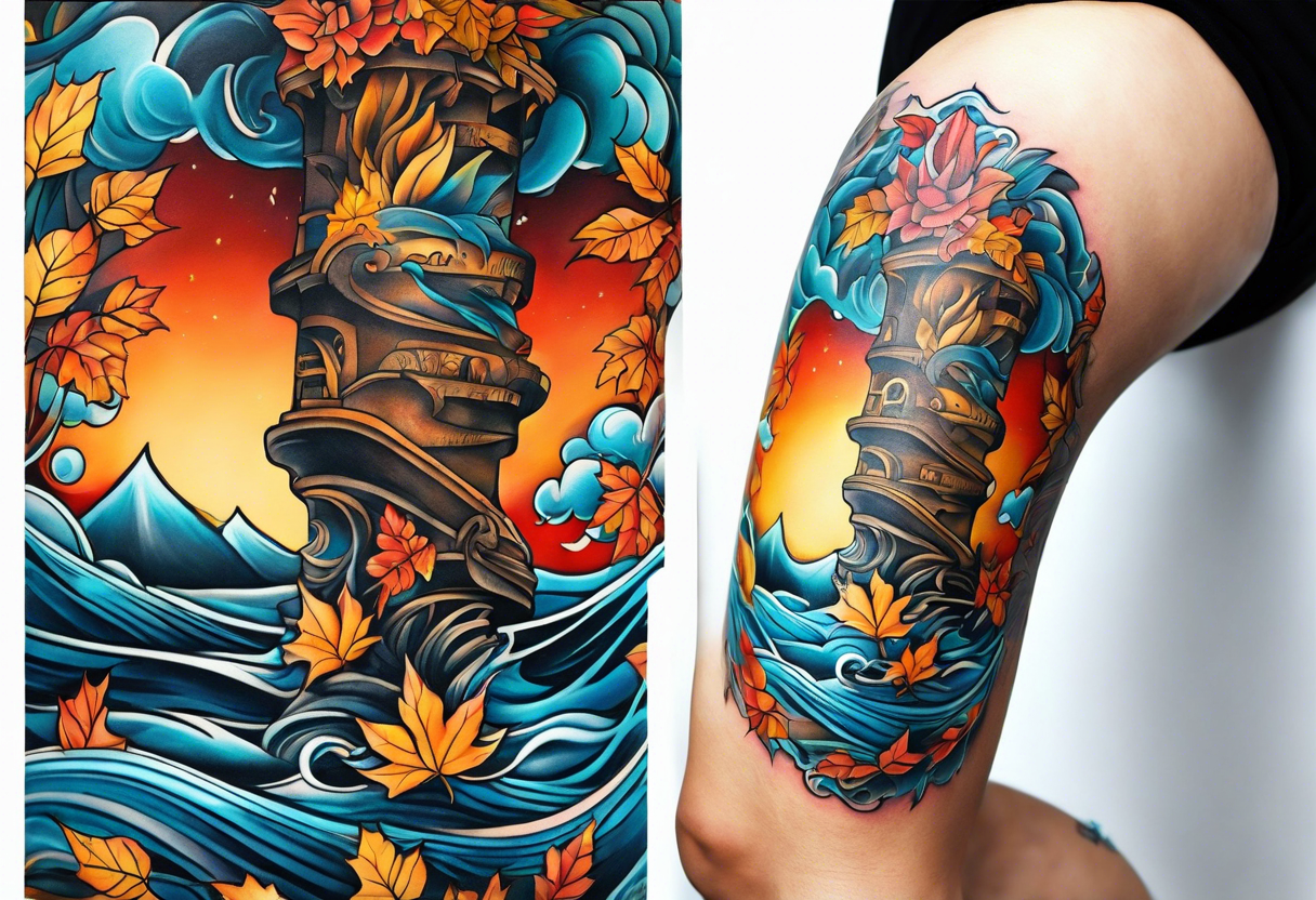 knee tattoo in fall colors with bluw water flow tattoo idea