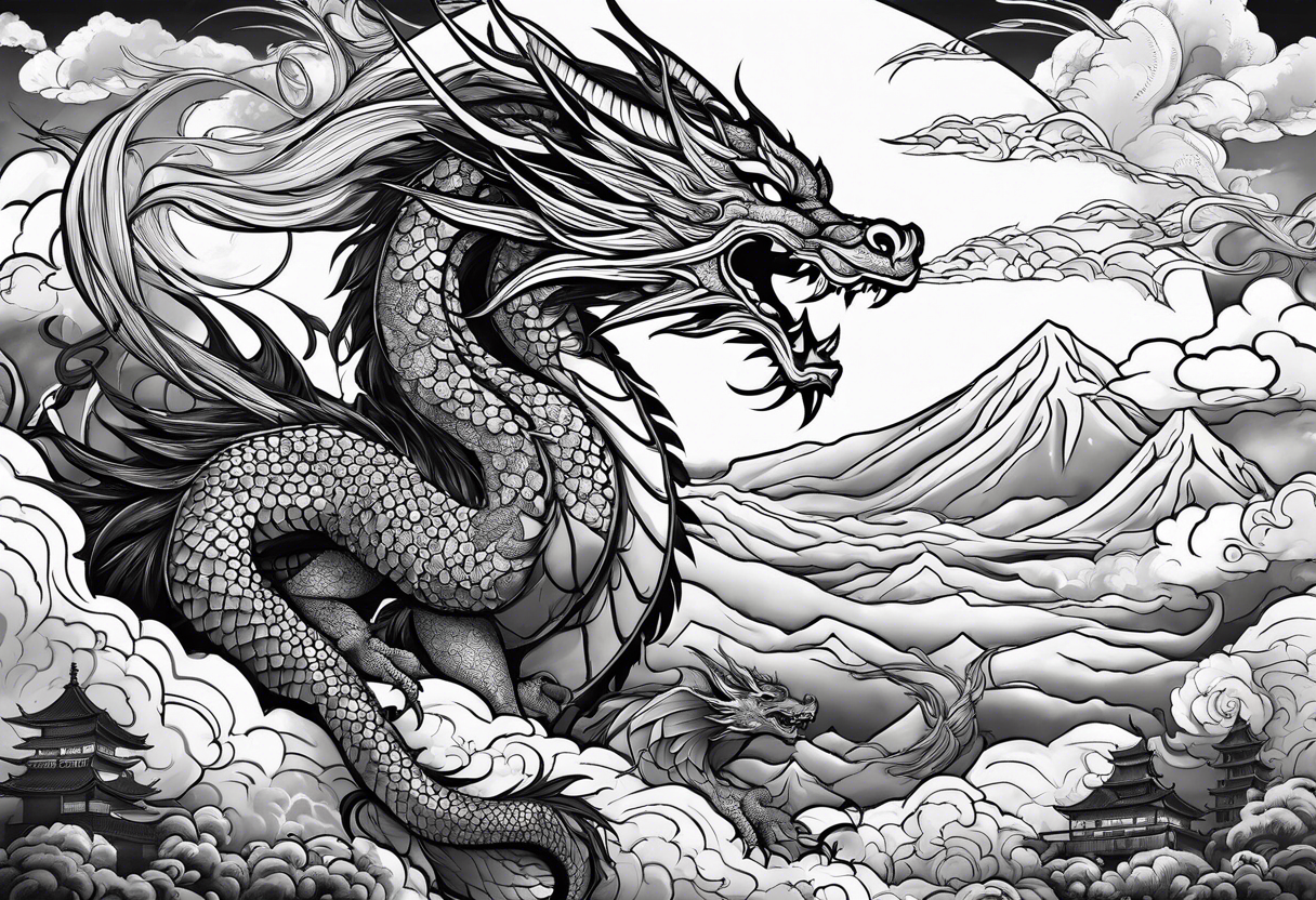 beautiful warrior nymph riding a dragon and the background will be mountains, clouds, and a Japanese building tattoo idea