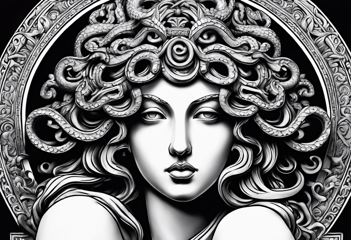 medusa sculpture bust with a blank stare and cracks in the sculpture tattoo idea