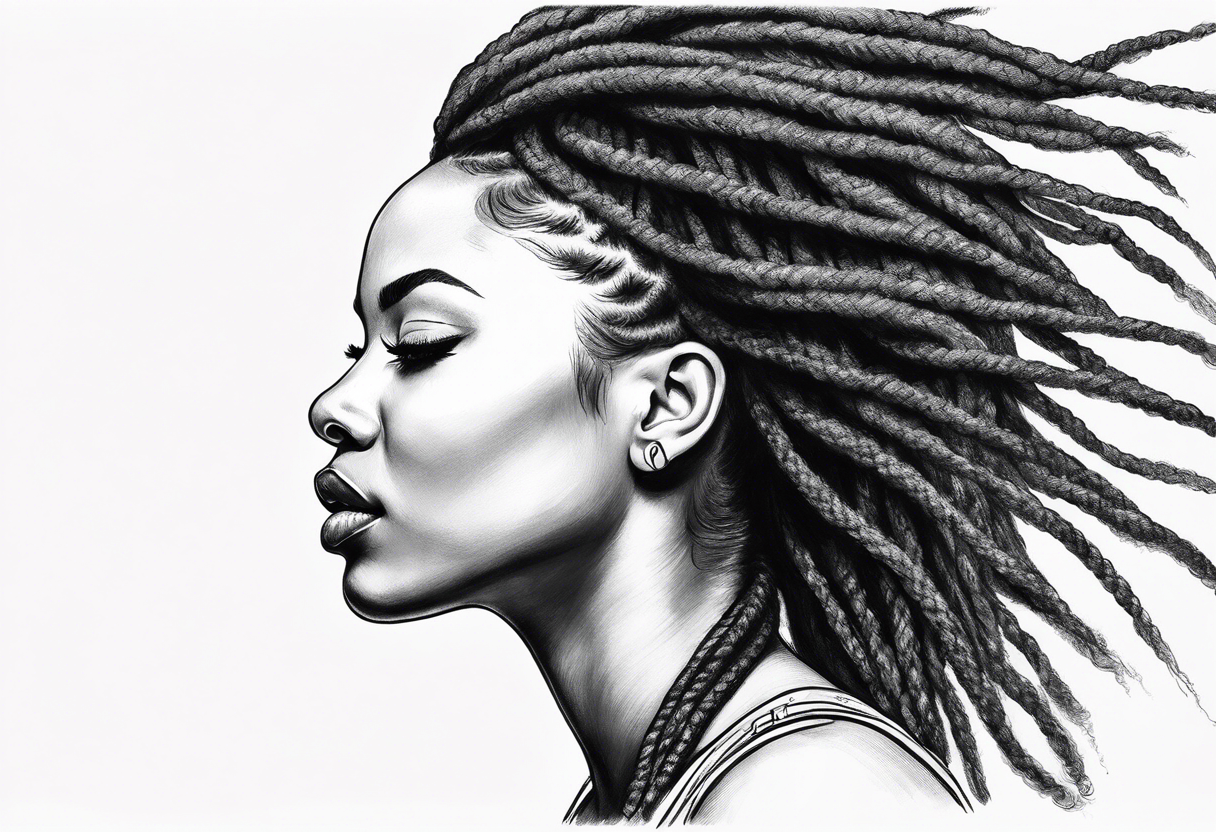 Draw a women head with real dread locks flying in the air, tattoo idea