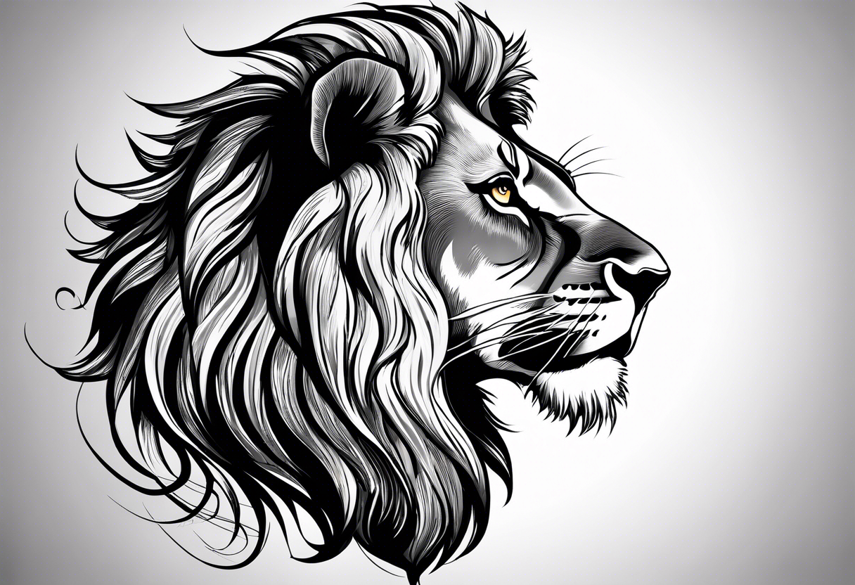 A realistic and detailed depiction of a lion’s face, focusing on its intense eyes and flowing mane. This can be designed as a symbol of power and pride. tattoo idea