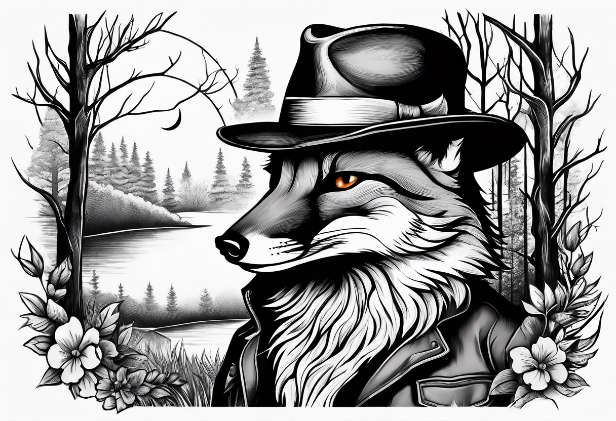 A fox wearing a fedora at the edge of the woods tattoo idea