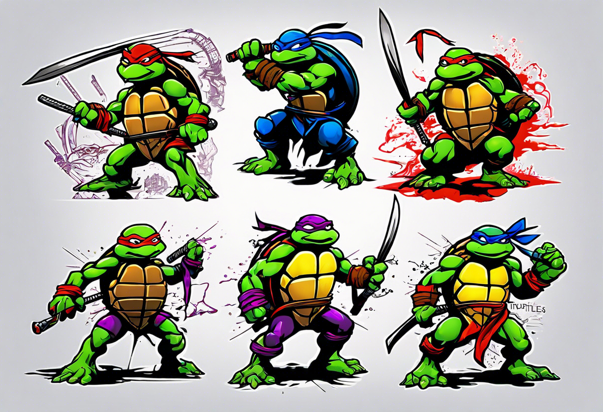 all four teenage mutant ninja turtles fighting enemies in a cityscape tattoo idea